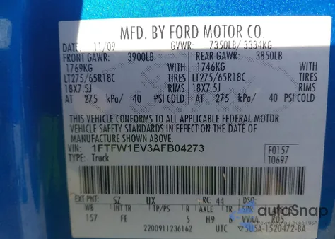 2010 Ford F-150 Fx4/Harley-Davidson/King Ranch/Lariat/Platinum/Xl/Xlt from USA, damaged, VIN 1FTFW1EV3AFB04273